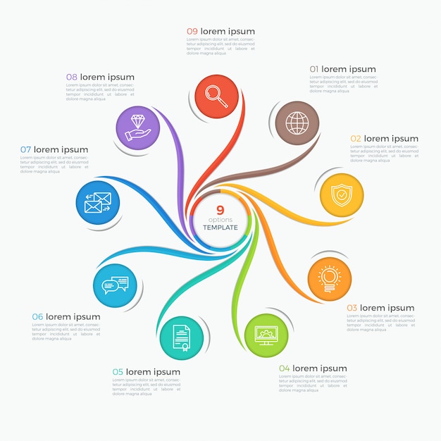 Vector swirl stijlsjabloon infographic met 9 opties.