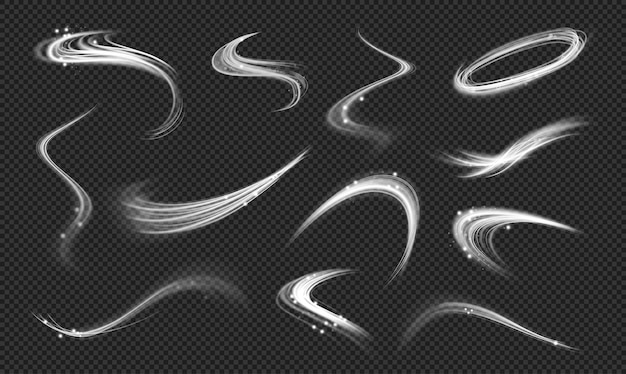 Swirls and glowing effects with dust realistic illustration collection isolated curves and waves flares and beams or shimmer texture illumination trail or dynamism representation