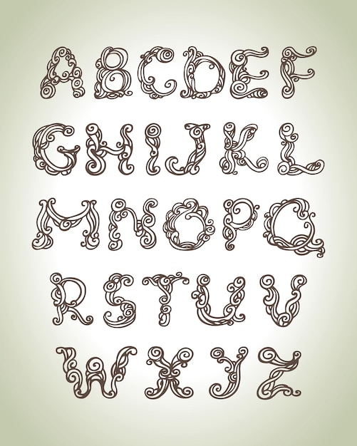 Alfabeto swirly, illustrazione di doodle disegnato a mano vintage