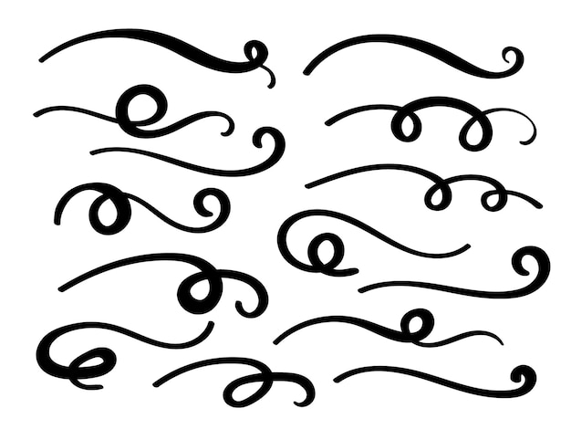 Набор подчеркиваний swish doodle ручной рисунок элементов swoosh каллиграфический вихрь или спортивный налет текстовые хвосты swash декоративные штрихи на белом фоне векторной иллюстрации