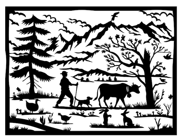 Swiss Alps with Farmer Dog and Cow Fir Tree Swiss Scherenschnitt Paper Cut Style