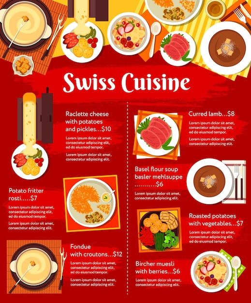 Swiss cuisine menu food dishes lunch and dinner meals vector Swiss cuisine restaurant food raclette cheese with potatoes and pickles fondue with croutons cured lamb and basler mehlsuppe