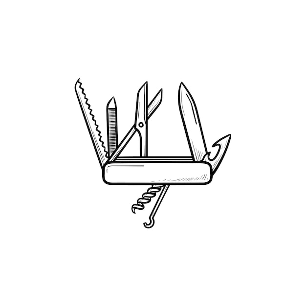 Coltello pieghevole svizzero icona di doodle di contorni disegnati a mano. multiuso e coltellino militare, concetto di temperino. illustrazione di schizzo vettoriale per stampa, web, mobile e infografica su sfondo bianco.