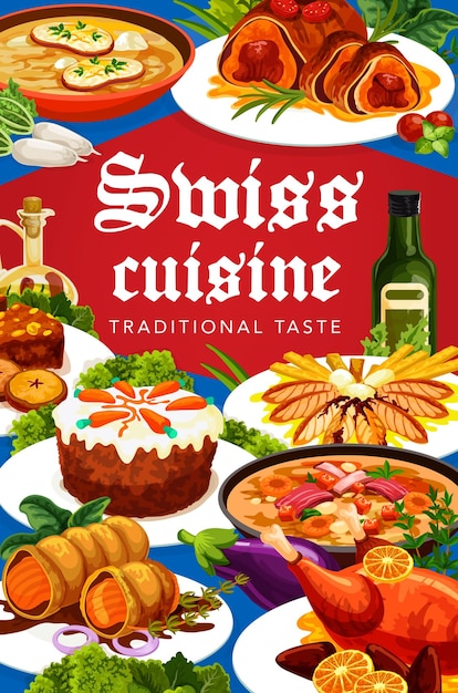Vettore poster di cartoni animati di piatti vettoriali di cucina svizzera