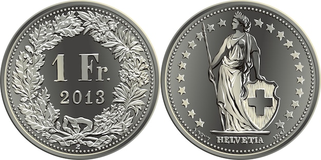 Swiss franc coin reverse fr in wreath of oak leaves and gentian obverse helvetia shown standing an