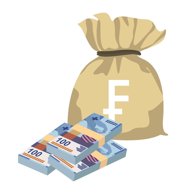 Swiss Franc Vector Illustration Switzerland money set bundle banknotes Money bag 100 fr