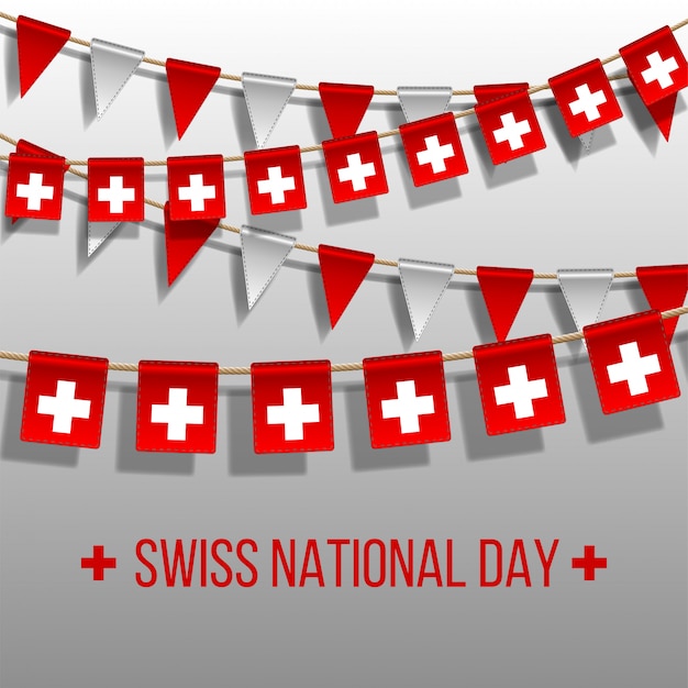 Swiss national day  background with hanging flags. Holiday decoration elements. Garland Red and white flags on grey background, Hang bunting for Switzerland celebration template 