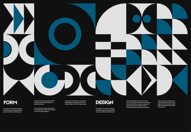 깔끔한 타이포그래피와 다채로운 기하학적 모양이 있는 최소한의 벡터 패턴이 포함된 스위스 포스터 디자인 템플릿 레이아웃