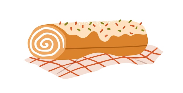 Swiss roll cake. swirled spiral vanilla dessert. sweet pastry with cream, frosting and sprinkles. sugar food, confectionery. festive confection. flat vector illustration isolated on white background