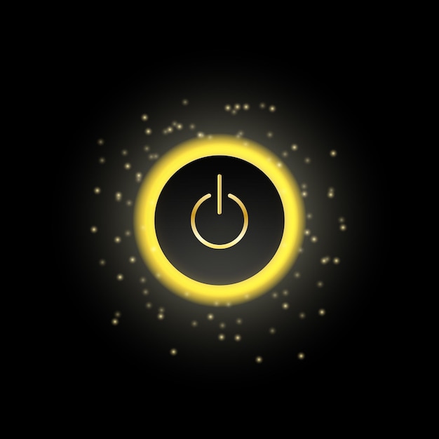Switch on and off power button start glowing golden button with sparkle