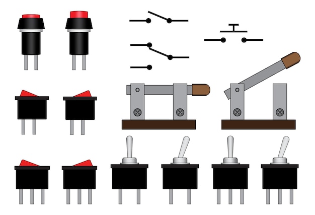 Switch and push button with symbols. Electronic component. Physics education science.