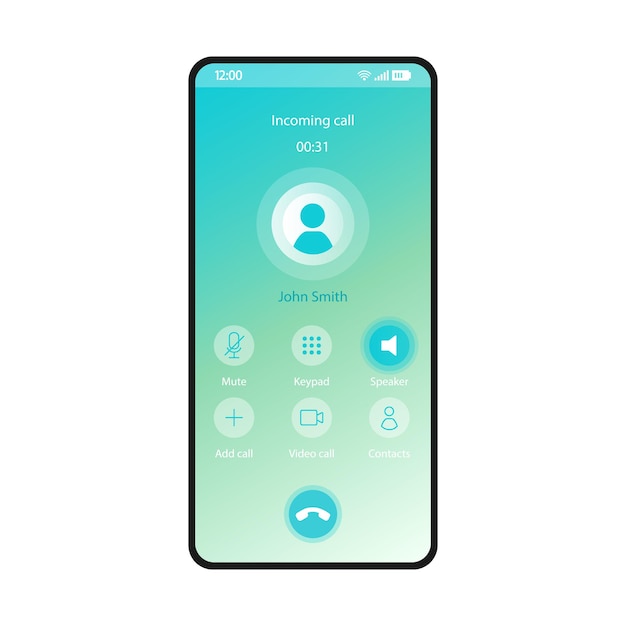 Vector switch speaker smartphone interface vector template. mobile app page blue gradient design layout. incoming call, voicemail screen. flat ui for application. mute, keypad buttons. phone display