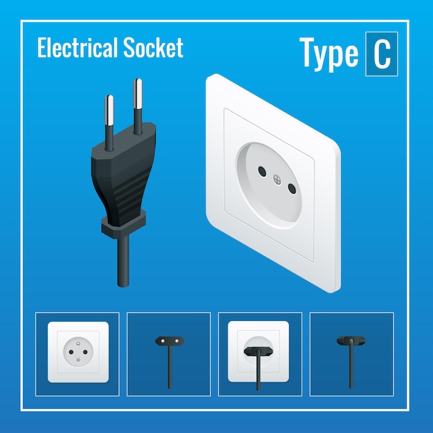 Switches and sockets set. AC power sockets realistic vector illustration