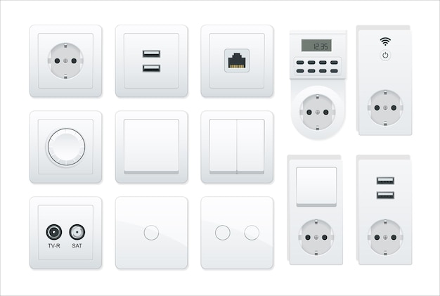 Switches and sockets set All types AC power sockets realistic illustration