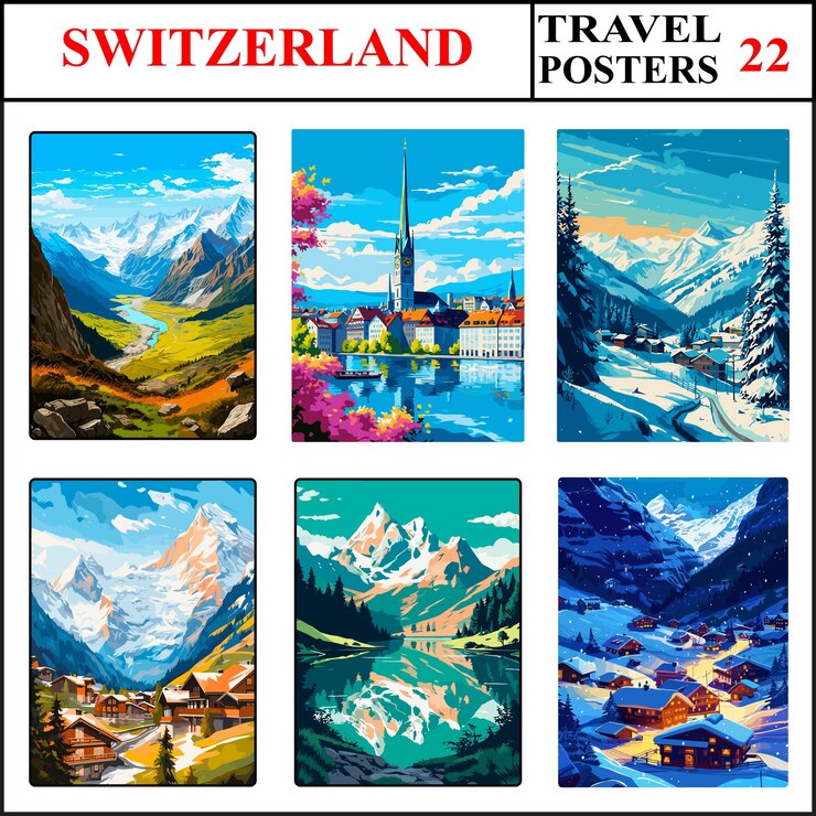 Vector switzerland aletsch arena zurich verbier travel poster wall art print collection set part 22