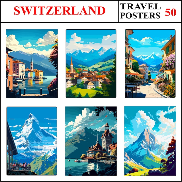 Vector switzerland ascona gruyeres ascona travel poster wall art print collection set part 50