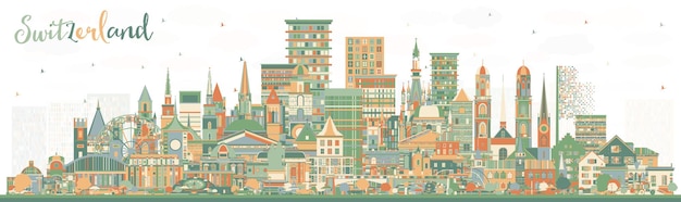 スイス 都市スカイラインと色の建物 現代と歴史的な建築 スイス ランドマークの都市風景 ベルン バゼル ルガノ チューリッヒ ジェネバ