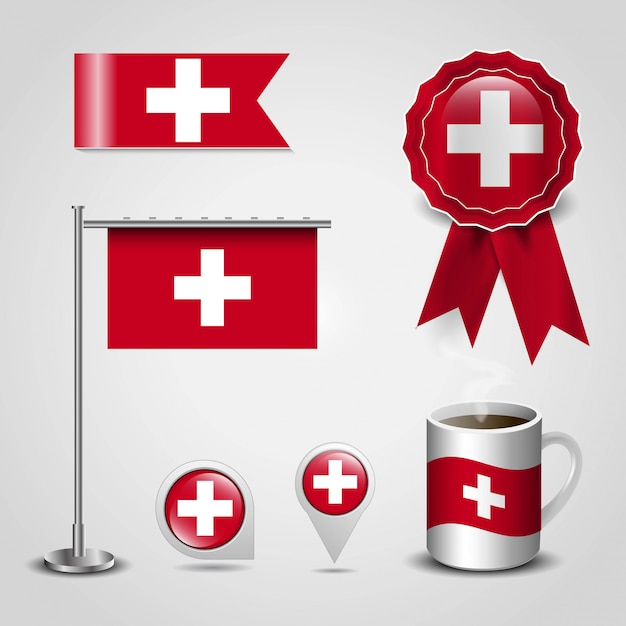 Switzerland Country Flag place on Map Pin, Steel Pole and Ribbon Badge Banner