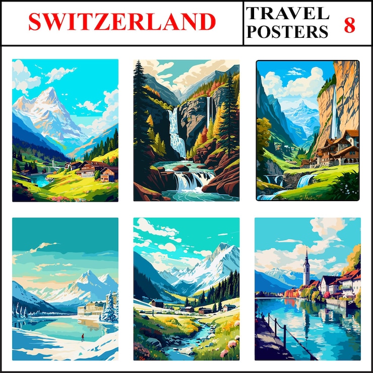 Vector switzerland engelberg foroglio falls lauterbrunnen travel poster wall art print collection set 8