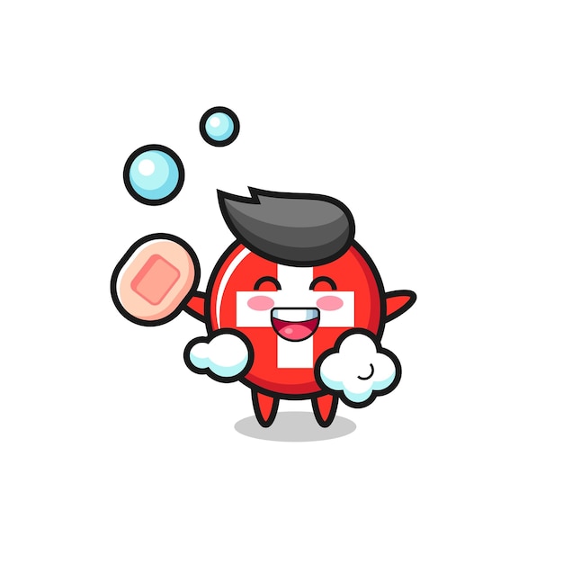 Switzerland flag badge character is bathing while holding soap