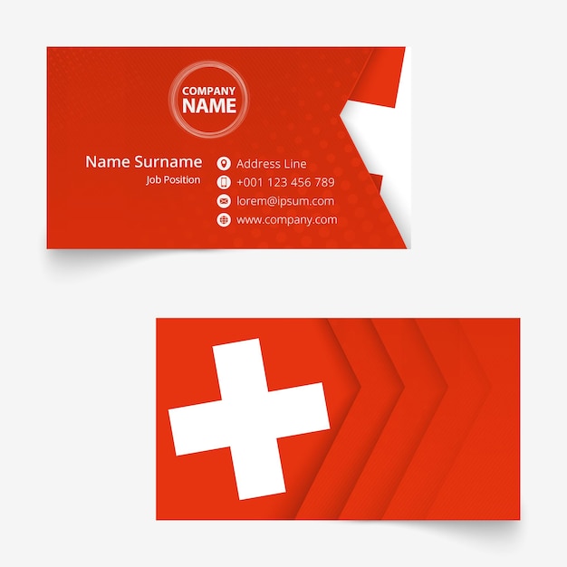 Визитная карточка с флагом швейцарии, шаблон визитки стандартного размера (90х50 мм) с обрезкой под обрезкой.