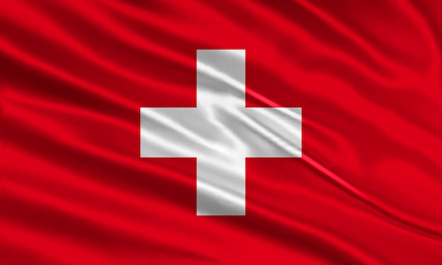 Дизайн флага Швейцарии. Развевающийся швейцарский флаг из атласной или шелковой ткани. Векторная иллюстрация.