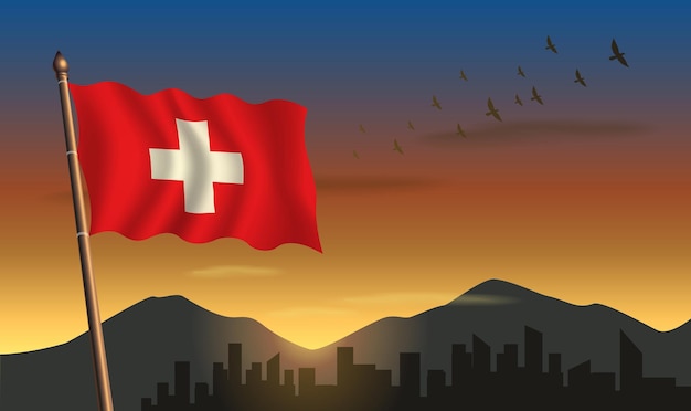 ベクトル スイスの国旗が夕日の背景に輝く