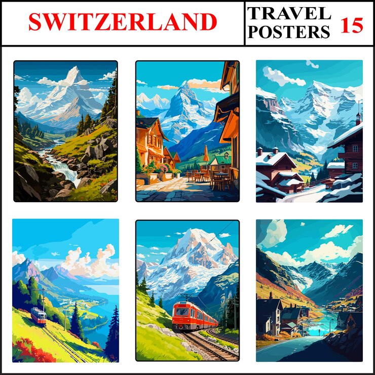 Vector switzerland grindelwald grindelwald wengen travel poster wall art print collection set part 15