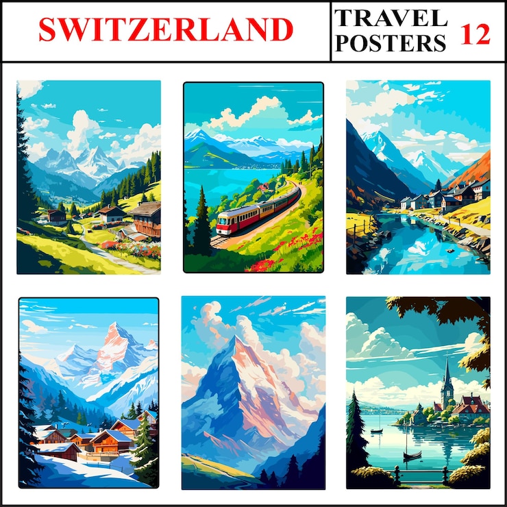 Vector switzerland gstaad rigi queen of the mountains andermatt travel poster wall art print set part 12