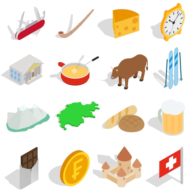 Набор иконок Швейцарии в изометрической 3d стиле на белом фоне