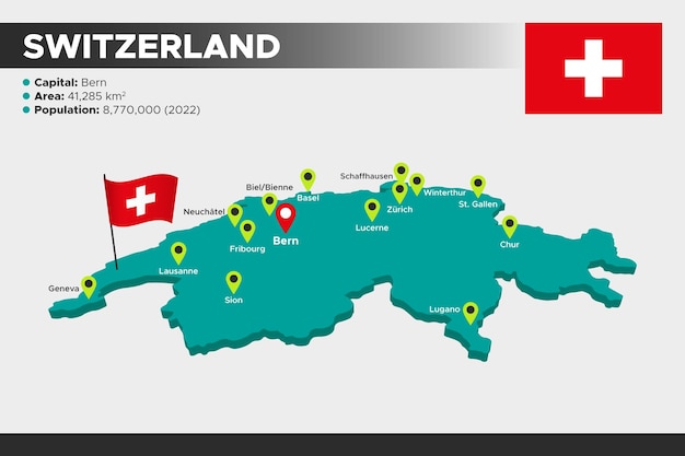 スイスの等角3dイラストマップ旗の首都エリア人口とスイスの地図