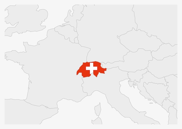 Vettore mappa della svizzera evidenziata nei colori della bandiera svizzera mappa grigia con i paesi vicini