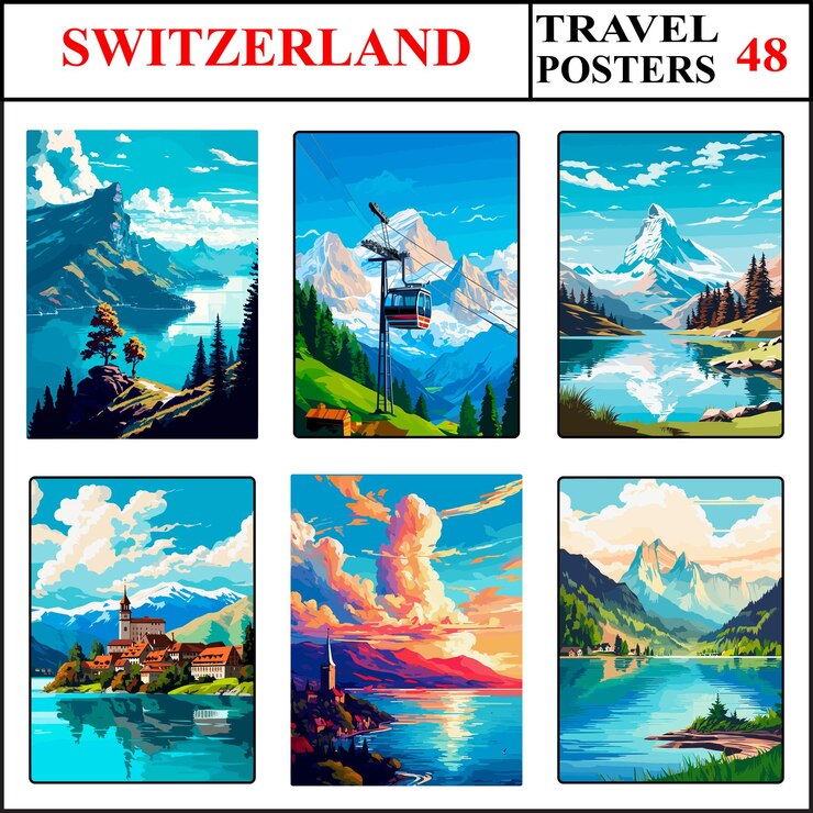 Vector switzerland rigi piz gloria matterhorn travel poster wall art print collection set part 48