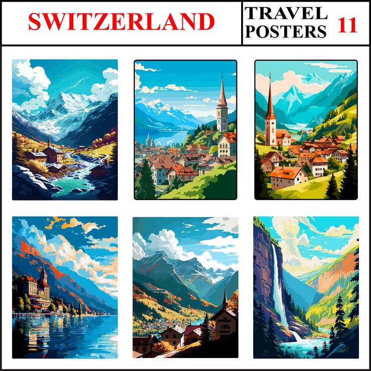 Vector switzerland saas fee chur gruyeres travel poster wall art print collection set part 11