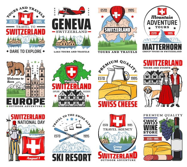 ベクトル スイス旅行のランドマークのアイコン。スイスチーズ、ワインとソーセージ、マッターホーンピーク、スキーと湖、国民服を着た人々、スイスの旗とセントバーナード犬、スイスの警備員、木造の家