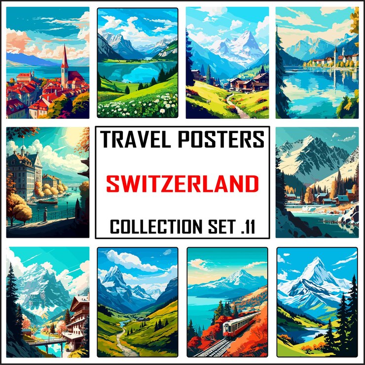 Vector switzerland travel poster wall art print wpa bundle package collection set 11