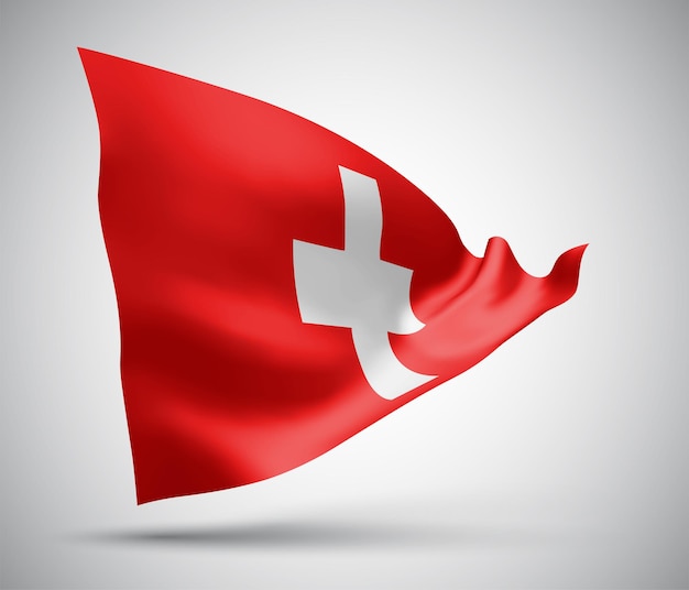 Switzerland, vector flag with waves and bends waving in the wind on a white background.