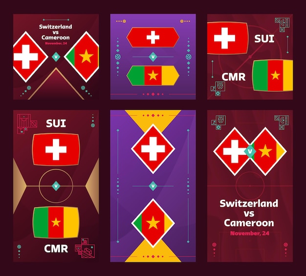 Switzerland vs Cameroon Match World Football 2022 vertical and square banner set for social media