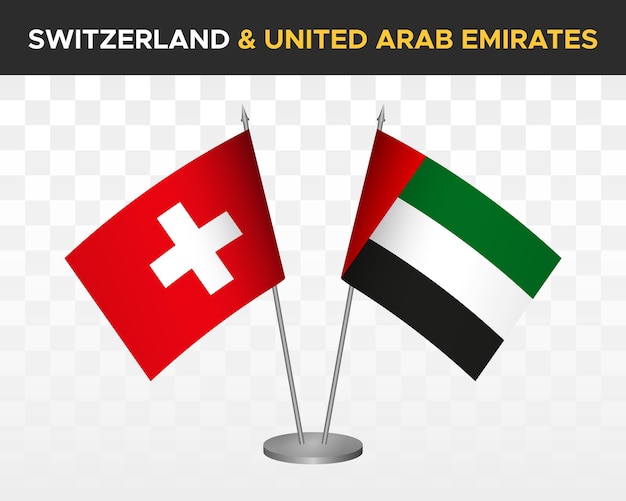 스위스 대 UAE 아랍 에미리트 데스크 플래그 이랑 격리 된 3d 벡터 일러스트 테이블 플래그