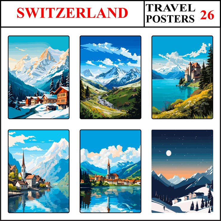 Vector switzerland wengen mannlichen montreux travel poster wall art print collection set part 26