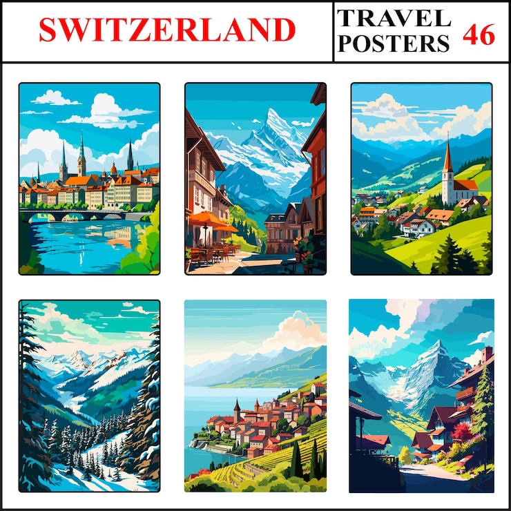 Vector switzerland zurich grindelwald appenzell travel poster wall art print collection set part 46