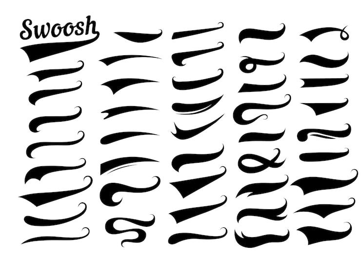 Vector swooshes tekststaarten voor honkbalontwerp. sport swash onderstrepen vormen in retrostijl. swish typografie lettertype-elementen voor atletiek, honkbal, voetbal decoratie. zwarte swirl vector lijn