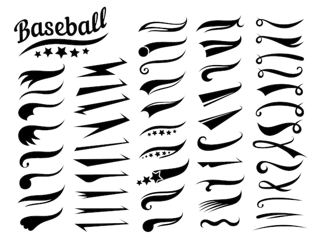 Swooshes text tails for baseball design sports swash underline shapes set in retro style swish typography font elements for athletics baseball football decoration black swirl vector line