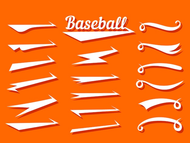 Swooshes text tails for baseball design Sports swash underline shapes set in retro style Swish typography font elements for athletics baseball football decoration White swirl vector line