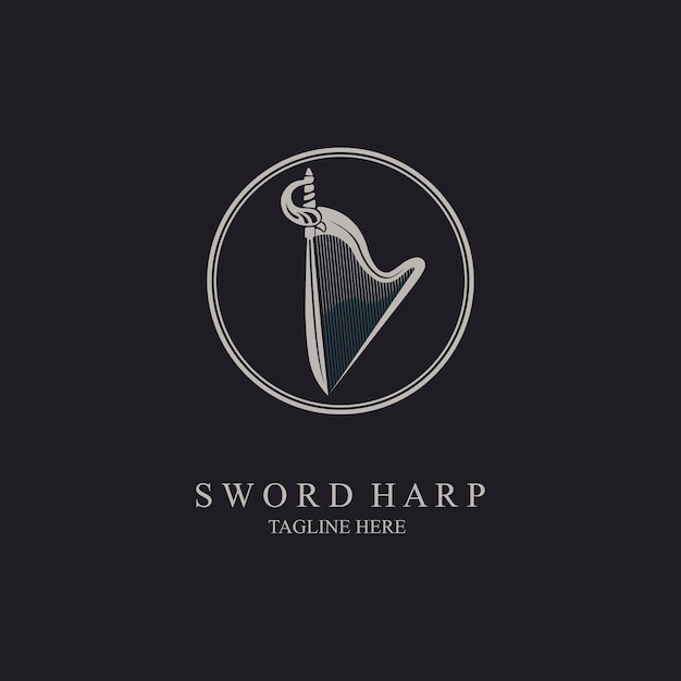 дизайн шаблона логотипа арфы меча для музыкальной студии или компании бренда и других