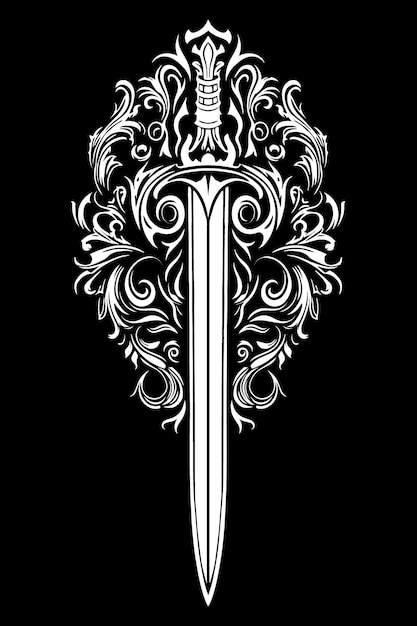 Sword of a medieval knight tattoo isolated on a black background