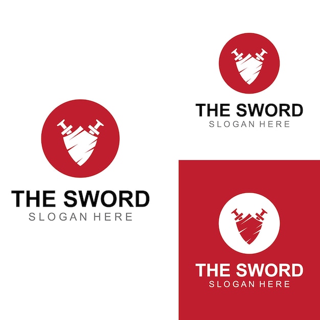 剣の盾と王の剣のロゴロゴデザインベクトルイラストテンプレート
