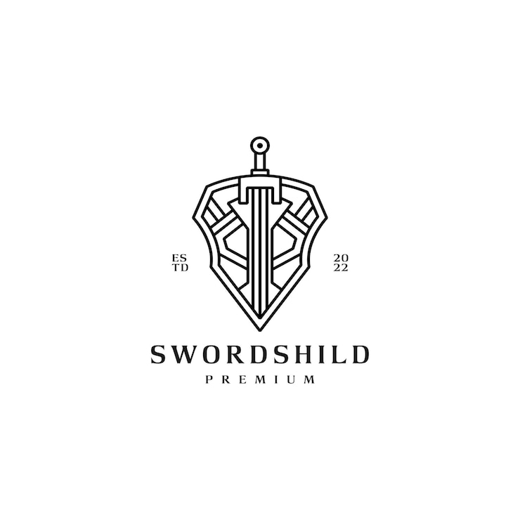 Vector sword and shield armor logo design with line art style