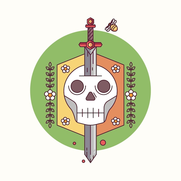 Sword and skull in badge floral circle vector illustration