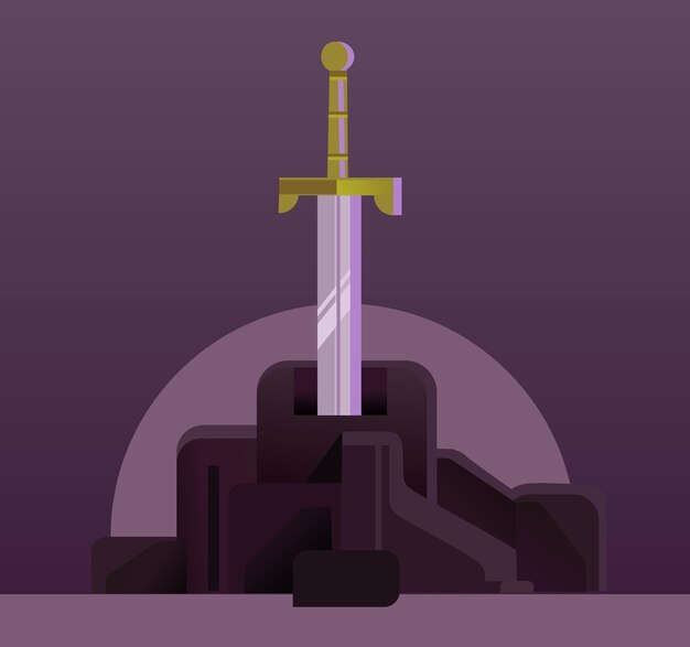 Sword in the stone flat cartoon illustration